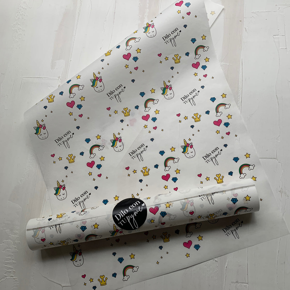 50 PAPEL MANTEQUILLA 33X50 CM - UNICORNIO EN ARCOIRIS - CON LOGO + INFO PINCHANDO LA FOTO