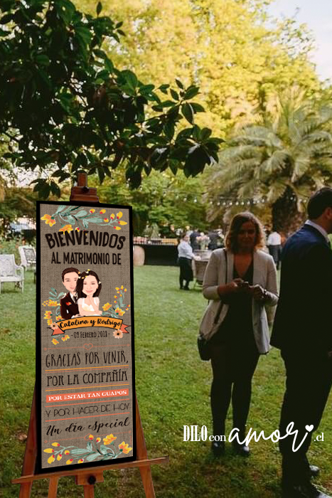 LETRERO 33X100 - BIENVENIDA CON CARICATURA (UDS DEBEN ENVIAR) - NO INCLUYE ATRIL - PINCHA FOTO PARA MÁS INFO