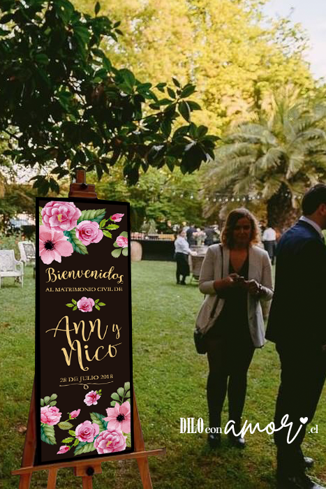 LETRERO 33X100 - BIENVENIDOS CON FLORES - NO INCLUYE ATRIL - PINCHA FOTO PARA MÁS INFO